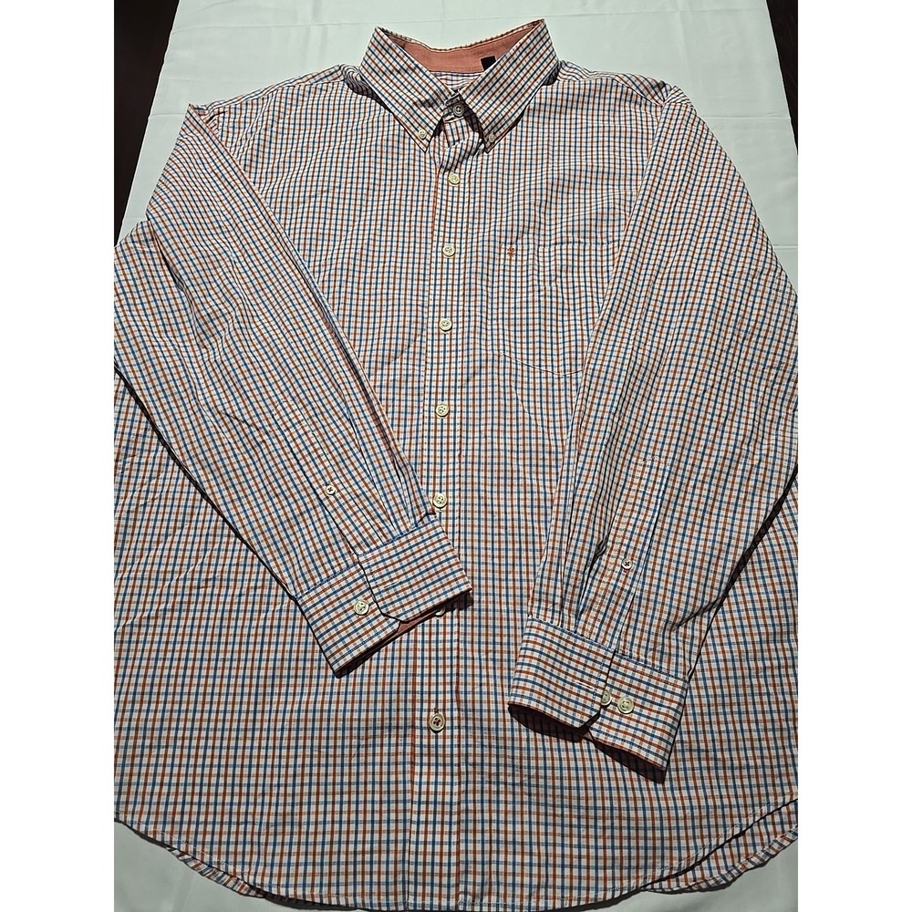 IZOD Men's 2XL Button-Down Long Sleeve Casual Shirt Blue Orange Plaid Preppy